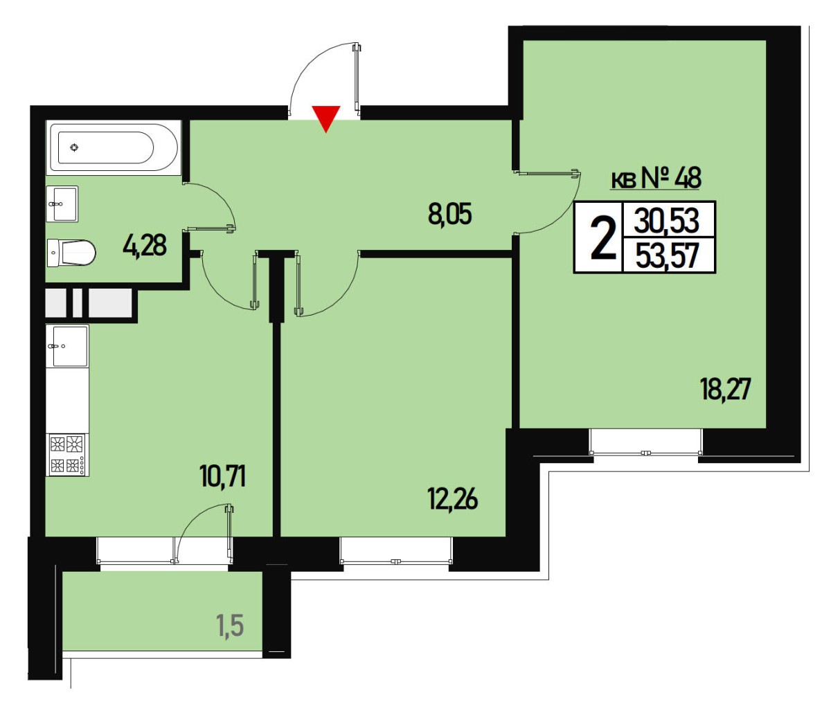 Двухкомнатная квартира 52 м² №48 улица Генерала Донскова, дом 27, корпус 3  купить по цене 8042600 от застройщика в ЖК Борисоглебское деревня Зверево